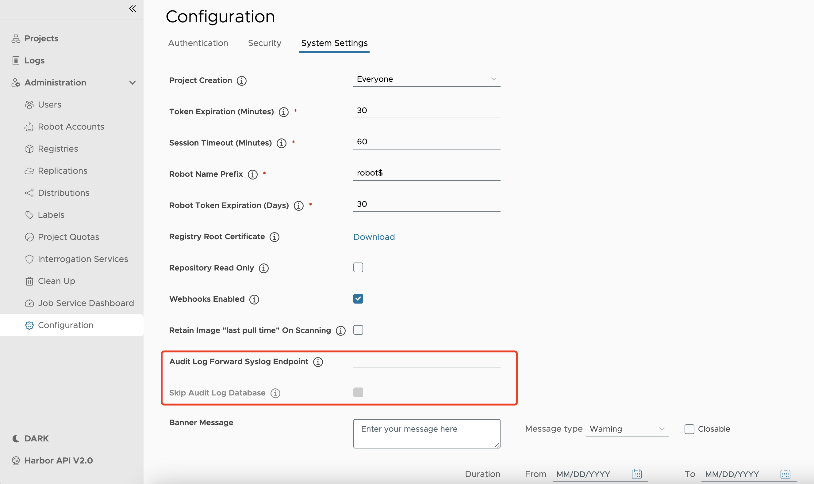 Audit log forward endpoint settings