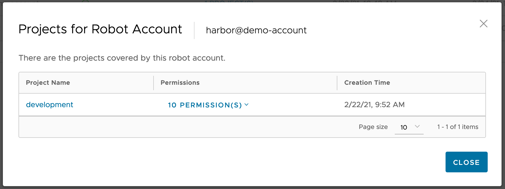 View list of all projects associated with a system robot account