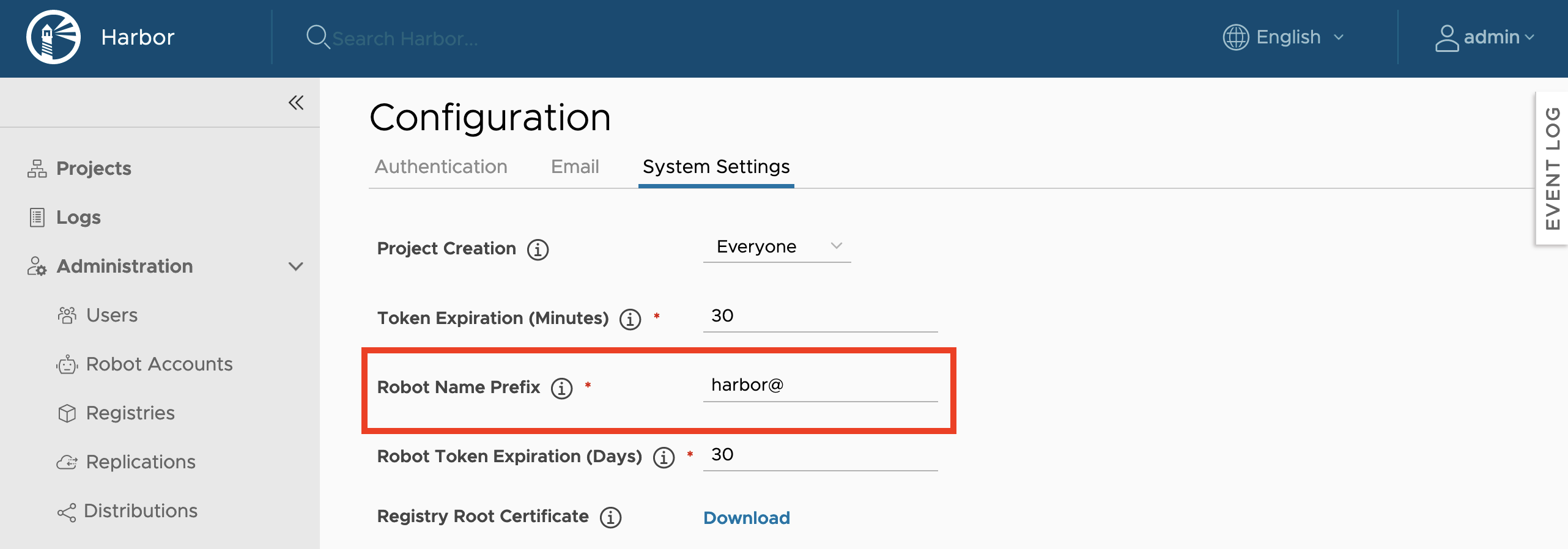 Set robot account prefix