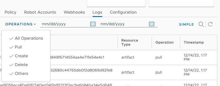 Search logs by operation type