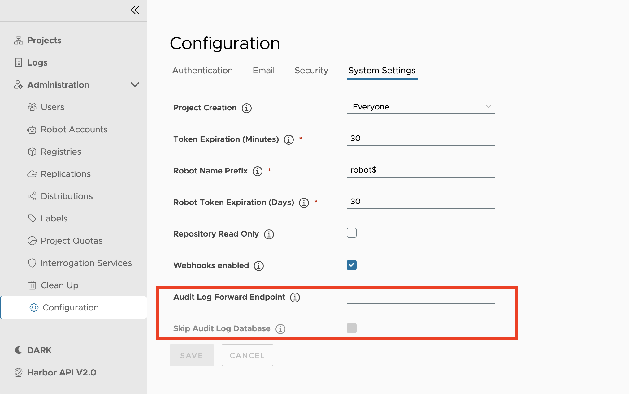 Audit log forward endpoint settings