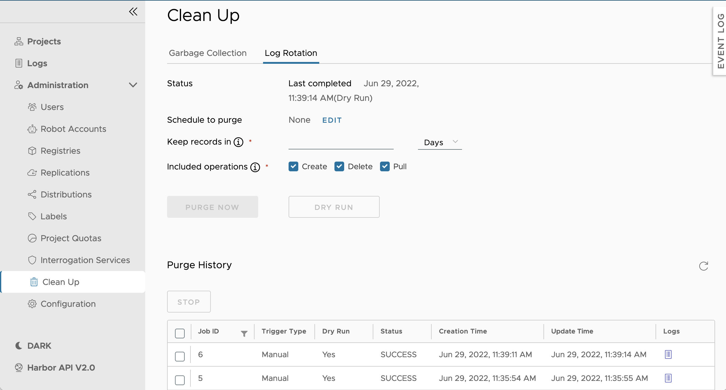 Log rotation page in Harbor interface