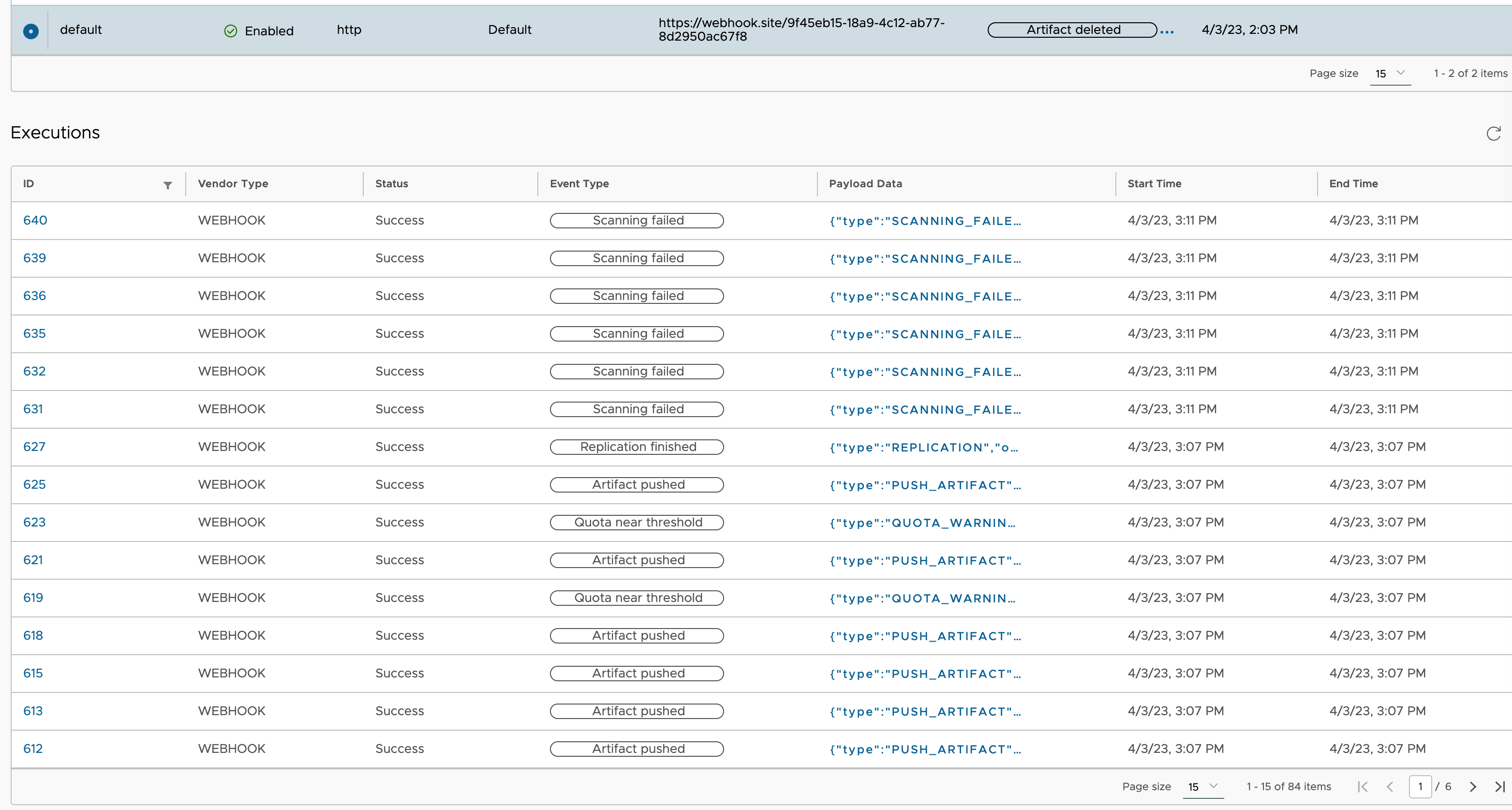 Webhook executions